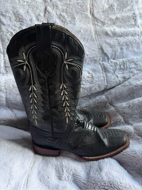 Ferrini Western Boots — Black Ostrich Leg Print — Men’s 9.5